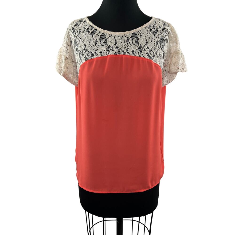 Anthropologie MAEVE White Orange Top Lace Detail Cap Sleeve Boat Neck Size XS
